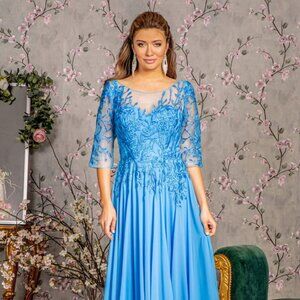 NEW LONG A-LINE CHIFFON ILLUSION BOAT-NECK DRESS EMBROIDERED WITH LACE GL3445